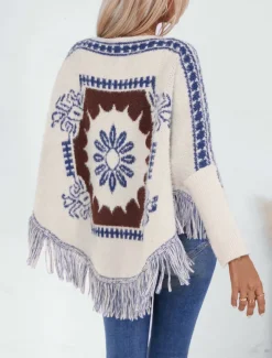 Women's Cape Daily Casual Graphic Geometric Print Boat Neck Knitted Long Sleeve Regular Tops Knit Home Work Black Beige Fall Winter