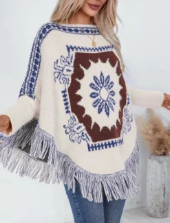 Women's Cape Daily Casual Graphic Geometric Print Boat Neck Knitted Long Sleeve Regular Tops Knit Home Work Black Beige Fall Winter