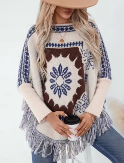 Women's Cape Daily Casual Graphic Geometric Print Boat Neck Knitted Long Sleeve Regular Tops Knit Home Work Black Beige Fall Winter