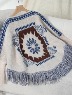 Women's Cape Daily Casual Graphic Geometric Print Boat Neck Knitted Long Sleeve Regular Tops Knit Home Work Black Beige Fall Winter