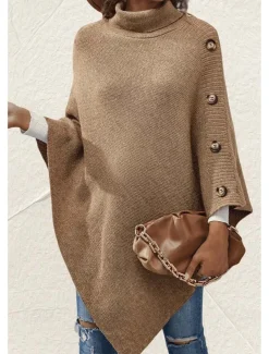 Women's Cape Daily Casual Solid Color Turtleneck Knitted 3/4 Length Sleeve Regular Tops Knit Formal Outdoor Work Pink Brown Fall Winter