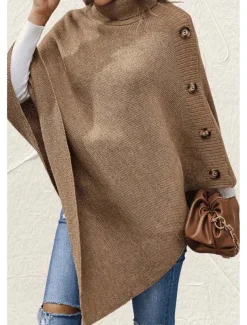 Women's Cape Daily Casual Solid Color Turtleneck Knitted 3/4 Length Sleeve Regular Tops Knit Formal Outdoor Work Pink Brown Fall Winter