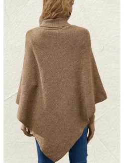 Women's Cape Daily Casual Solid Color Turtleneck Knitted 3/4 Length Sleeve Regular Tops Knit Formal Outdoor Work Pink Brown Fall Winter
