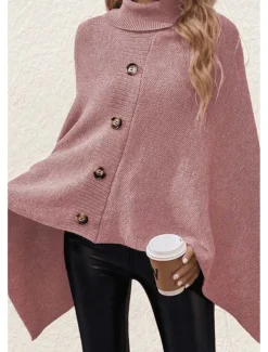 Women's Cape Daily Casual Solid Color Turtleneck Knitted 3/4 Length Sleeve Regular Tops Knit Formal Outdoor Work Pink Brown Fall Winter