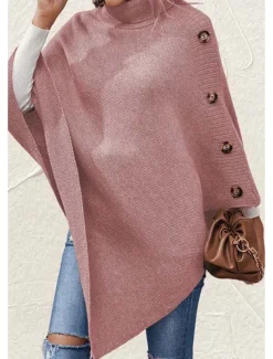 Women's Cape Daily Casual Solid Color Turtleneck Knitted 3/4 Length Sleeve Regular Tops Knit Formal Outdoor Work Pink Brown Fall Winter