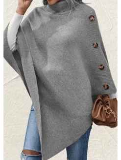 Women's Cape Daily Casual Solid Color Turtleneck Knitted 3/4 Length Sleeve Regular Tops Knit Formal Outdoor Work Pink Brown Fall Winter