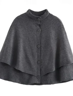 Women's Cape Fashion Casual Soft Pure Color Ribbed Crew Neck Buttons Knitted Long Sleeve Regular Tops Knit Outdoor Daily Weekend Black White Fall Winter