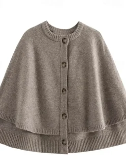 Women's Cape Fashion Casual Soft Pure Color Ribbed Crew Neck Buttons Knitted Long Sleeve Regular Tops Knit Outdoor Daily Weekend Black White Fall Winter