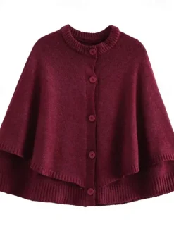 Women's Cape Fashion Casual Soft Pure Color Ribbed Crew Neck Buttons Knitted Long Sleeve Regular Tops Knit Outdoor Daily Weekend Black White Fall Winter
