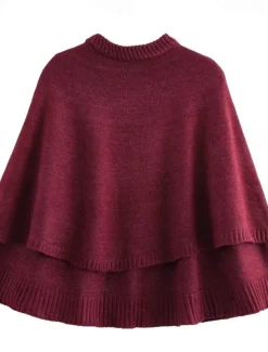 Women's Cape Fashion Casual Soft Pure Color Ribbed Crew Neck Buttons Knitted Long Sleeve Regular Tops Knit Outdoor Daily Weekend Black White Fall Winter