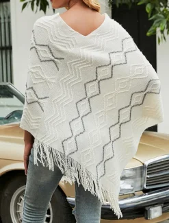 Women's Cape Fashion Daily Geometric V Neck Beaded Tassel Sleeveless Regular Tops Knit Formal Outdoor Party White Red Fall Winter