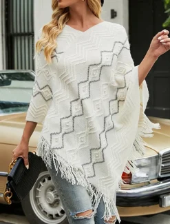 Women's Cape Fashion Daily Geometric V Neck Beaded Tassel Sleeveless Regular Tops Knit Formal Outdoor Party White Red Fall Winter