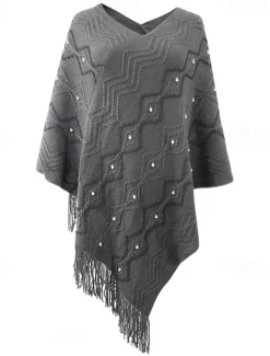 Women's Cape Fashion Daily Geometric V Neck Beaded Tassel Sleeveless Regular Tops Knit Formal Outdoor Party White Red Fall Winter