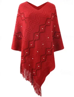 Women's Cape Fashion Daily Geometric V Neck Beaded Tassel Sleeveless Regular Tops Knit Formal Outdoor Party White Red Fall Winter