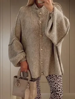 Women's Cardigan Casual Soft Pure Color Ribbed Turtleneck Buttons Knitted Long Sleeve Regular Tops Knit Outdoor Daily Weekend White Army Green Fall Winter