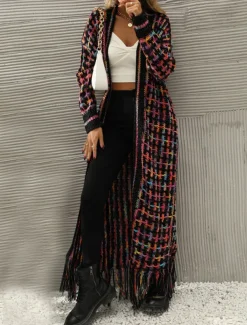 Women's Cardigan Casual Sweater Casual Soft Geometric Ribbed V Neck Tassel Knitted Long Sleeve Regular Tops Knit Outdoor Daily Weekend Black Pink Fall Winter