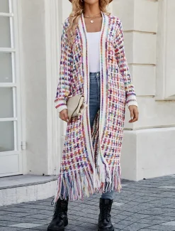 Women's Cardigan Casual Sweater Casual Soft Geometric Ribbed V Neck Tassel Knitted Long Sleeve Regular Tops Knit Outdoor Daily Weekend Black Pink Fall Winter