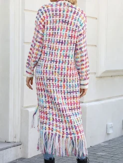 Women's Cardigan Casual Sweater Casual Soft Geometric Ribbed V Neck Tassel Knitted Long Sleeve Regular Tops Knit Outdoor Daily Weekend Black Pink Fall Winter