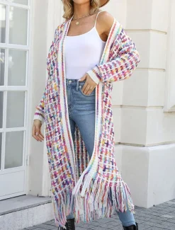 Women's Cardigan Casual Sweater Casual Soft Geometric Ribbed V Neck Tassel Knitted Long Sleeve Regular Tops Knit Outdoor Daily Weekend Black Pink Fall Winter