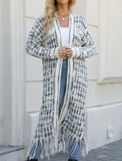 Women's Cardigan Casual Sweater Casual Soft Geometric Ribbed V Neck Tassel Knitted Long Sleeve Regular Tops Knit Outdoor Daily Weekend Black Pink Fall Winter