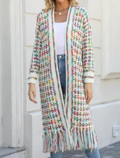 Women's Cardigan Casual Sweater Casual Soft Geometric Ribbed V Neck Tassel Knitted Long Sleeve Regular Tops Knit Outdoor Daily Weekend Black Pink Fall Winter