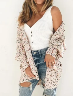 Women's Cardigan Casual Sweater Casual Soft Paisley Ribbed V Neck Knitted Long Sleeve Regular Tops Knit Outdoor Daily Weekend Beige Fall Winter