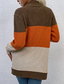 Women's Cardigan Casual Sweater Casual Soft Color Block V Neck Knitted Long Sleeve Regular Tops Knit Outdoor Daily Weekend Blue Brown Fall Winter