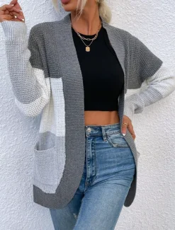 Women's Cardigan Casual Sweater Casual Soft Color Block V Neck Knitted Long Sleeve Regular Tops Knit Outdoor Daily Weekend Blue Brown Fall Winter