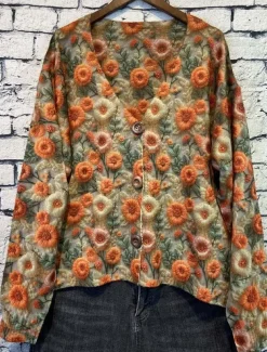 Women's Cardigan Daily Casual Graphic Print V Neck Floral Knitted Long Sleeve Long Tops Knit Home Work Weekend Orange Fall Winter