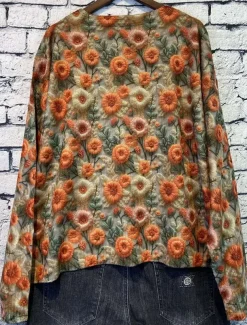 Women's Cardigan Daily Casual Graphic Print V Neck Floral Knitted Long Sleeve Long Tops Knit Home Work Weekend Orange Fall Winter