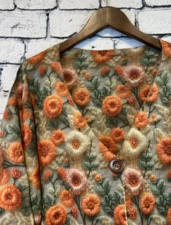 Women's Cardigan Daily Casual Graphic Print V Neck Floral Knitted Long Sleeve Long Tops Knit Home Work Weekend Orange Fall Winter
