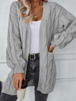 Women's Cardigan Daily Casual Solid Color Open Front Knitted Textured Long Sleeve Long Tops Knit Home Work Daily Red Brown Khaki Fall Winter