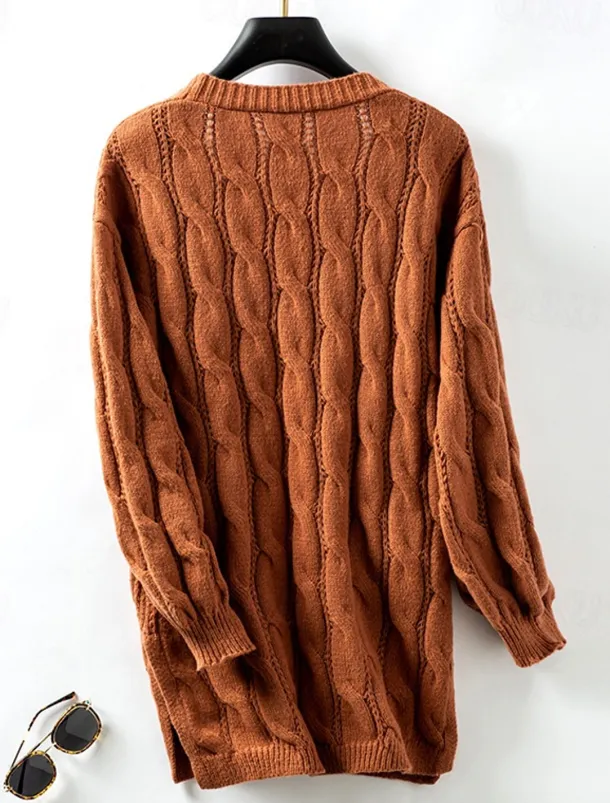 Women's Cardigan Daily Casual Solid Color Open Front Knitted Textured Long Sleeve Long Tops Knit Home Work Daily Red Brown Khaki Fall Winter