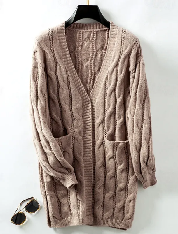 Women's Cardigan Daily Casual Solid Color Open Front Knitted Textured Long Sleeve Long Tops Knit Home Work Daily Red Brown Khaki Fall Winter