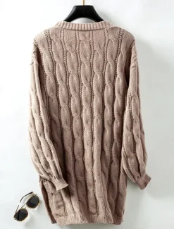 Women's Cardigan Daily Casual Solid Color Open Front Knitted Textured Long Sleeve Long Tops Knit Home Work Daily Red Brown Khaki Fall Winter