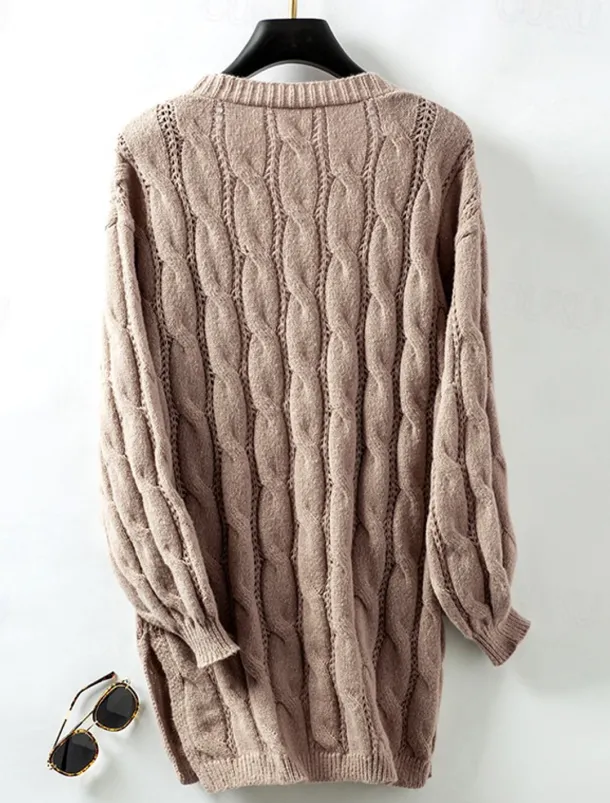 Women's Cardigan Daily Casual Solid Color Open Front Knitted Textured Long Sleeve Long Tops Knit Home Work Daily Red Brown Khaki Fall Winter