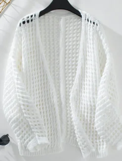Women's Cardigan Daily Geometric Crochet Open Front Knitted Long Sleeve Long Tops Knit Outdoor Daily Going out White Beige Summer Fall