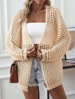 Women's Cardigan Daily Geometric Crochet Open Front Knitted Long Sleeve Long Tops Knit Outdoor Daily Going out White Beige Summer Fall