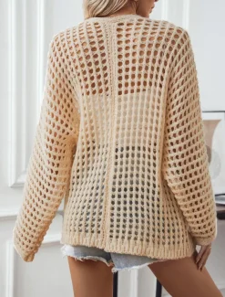 Women's Cardigan Daily Geometric Crochet Open Front Knitted Long Sleeve Long Tops Knit Outdoor Daily Going out White Beige Summer Fall
