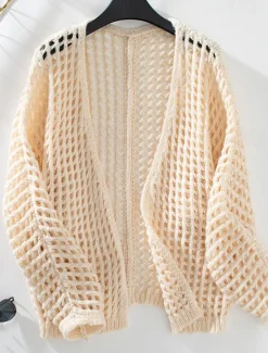 Women's Cardigan Daily Geometric Crochet Open Front Knitted Long Sleeve Long Tops Knit Outdoor Daily Going out White Beige Summer Fall
