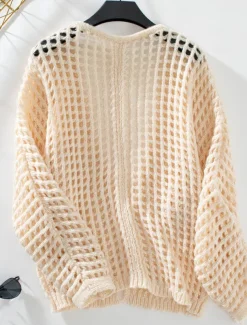 Women's Cardigan Daily Geometric Crochet Open Front Knitted Long Sleeve Long Tops Knit Outdoor Daily Going out White Beige Summer Fall