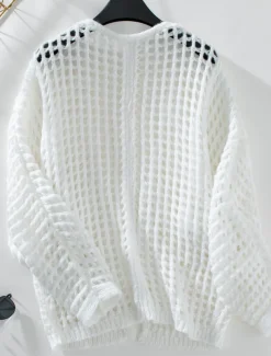 Women's Cardigan Daily Geometric Crochet Open Front Knitted Long Sleeve Long Tops Knit Outdoor Daily Going out White Beige Summer Fall