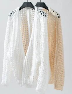Women's Cardigan Daily Geometric Crochet Open Front Knitted Long Sleeve Long Tops Knit Outdoor Daily Going out White Beige Summer Fall