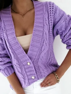 Women's Cardigan Elegant Casual Solid Color Cable V Neck Buttons Long Sleeve Regular Tops Knit Daily White Yellow Spring Fall