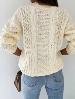 Women's Cardigan Elegant Casual Solid Color Cable V Neck Buttons Long Sleeve Regular Tops Knit Daily White Yellow Spring Fall