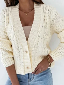 Women's Cardigan Elegant Casual Solid Color Cable V Neck Buttons Long Sleeve Regular Tops Knit Daily White Yellow Spring Fall