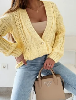 Women's Cardigan Elegant Casual Solid Color Cable V Neck Buttons Long Sleeve Regular Tops Knit Daily White Yellow Spring Fall