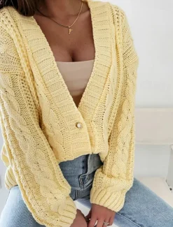 Women's Cardigan Elegant Casual Solid Color Cable V Neck Buttons Long Sleeve Regular Tops Knit Daily White Yellow Spring Fall