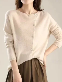Women's Cardigan Elegant Fashion Daily Solid Color Fuzzy Crew Neck Knitted Long Sleeve Regular Tops Knit Work Pink Beige Fall Winter