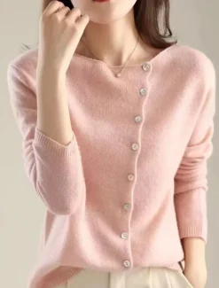 Women's Cardigan Elegant Fashion Daily Solid Color Fuzzy Crew Neck Knitted Long Sleeve Regular Tops Knit Work Pink Beige Fall Winter